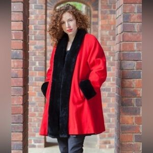 Ashley Scott Vintage Wool Blend Cherry Red Faux Fur Oversized Winter Jacket Sz 8